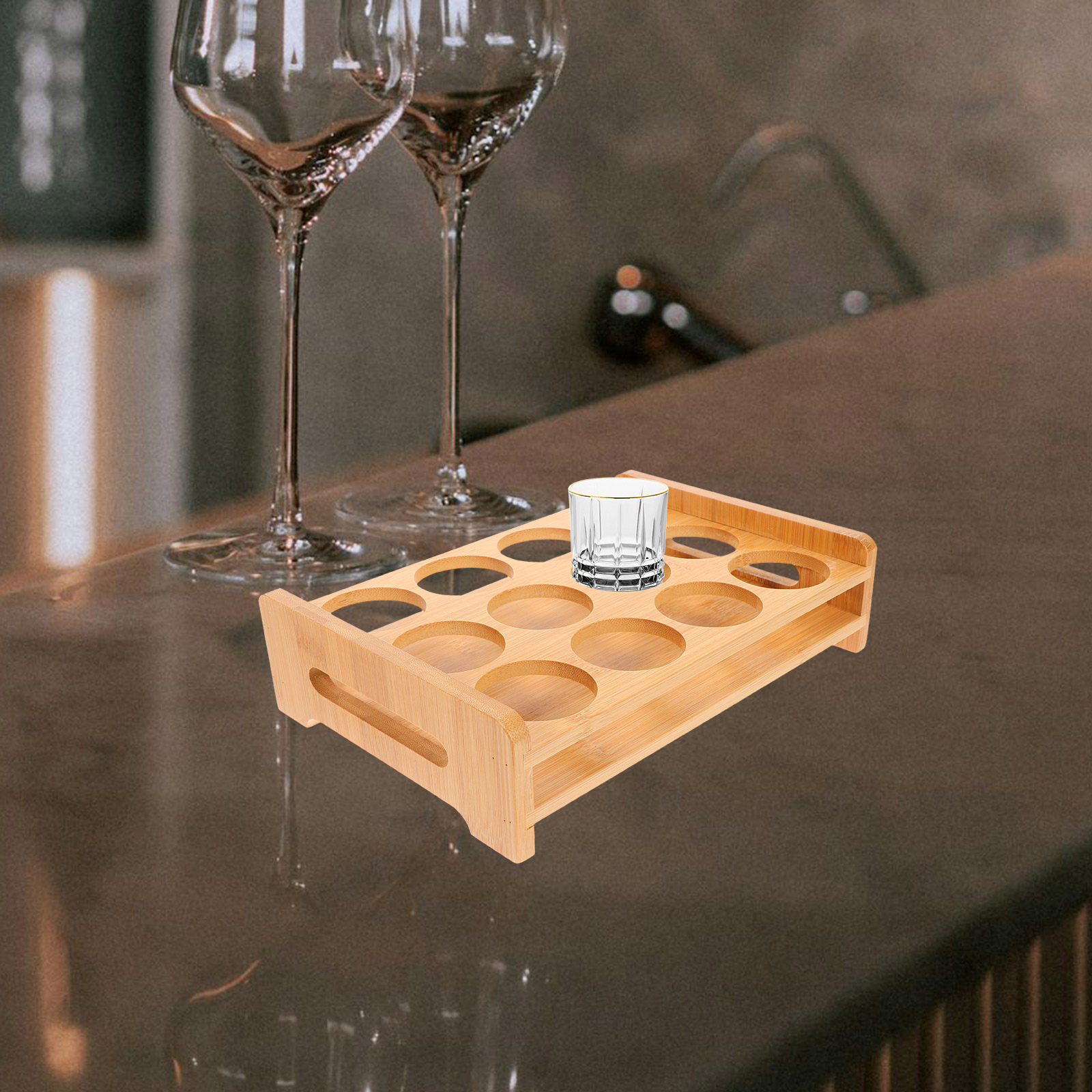 Wine Beer The Whiskey - حامل عرض أكواب الشوت من الخيزران